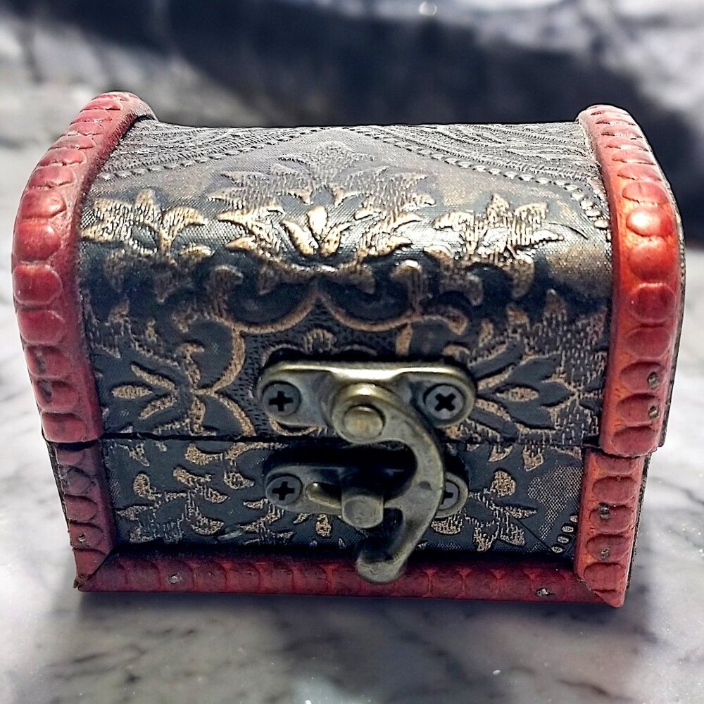 Mini Wooden Treasure Chest Box W/Bronze Color Floral Antique Style Spiritual Box